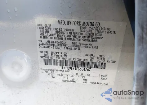 2015 Lincoln Mks z USA, uszkodzony, nr VIN 1LNHL9EK4FG604767